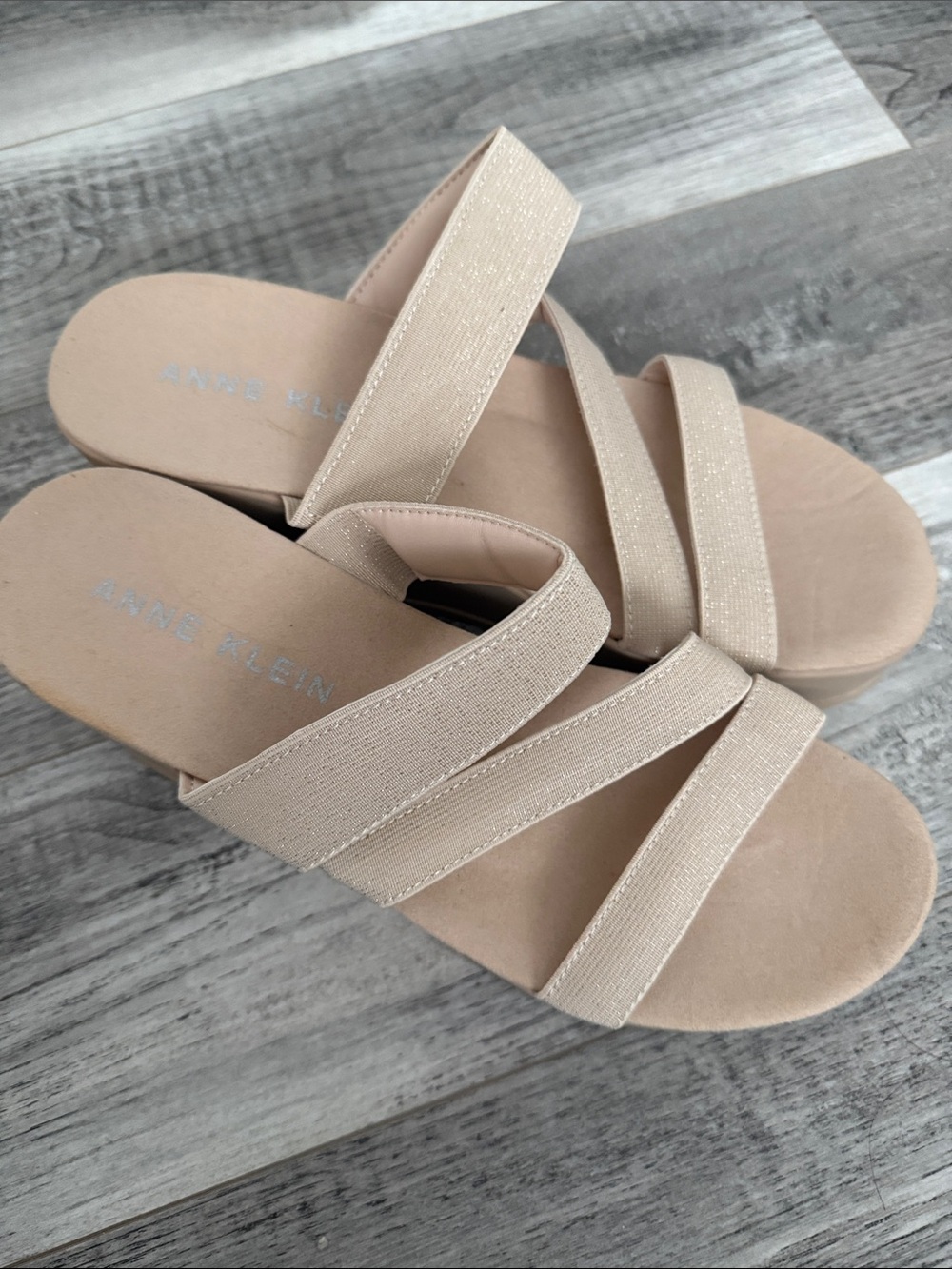 Anne Klein Blush Beige Elastic Strap Slide Sandals